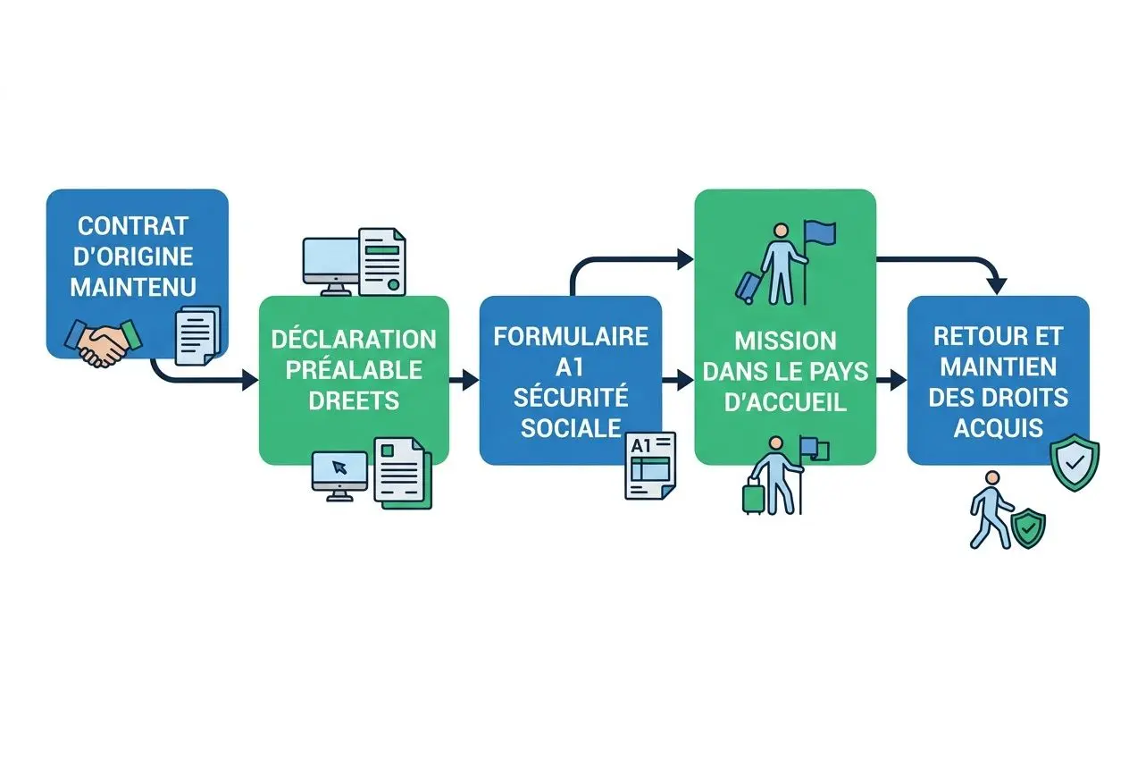 Processus illustré de mobilité professionnelle europe, étapes: contrat d’origine maintenu, déclaration préalable droits, formulaire A1 sécurité sociale, mission dans le pays d’accueil, retour et maintien des droits acquis.