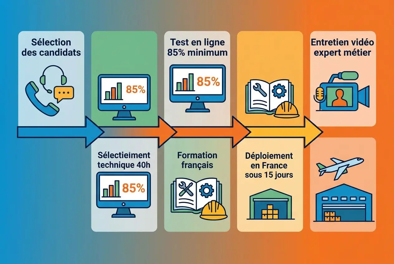 Processus de recrutement et déploiement d’ouvriers roumains logistique transport en travail détaché, depuis la sélection jusqu’au déploiement en France.