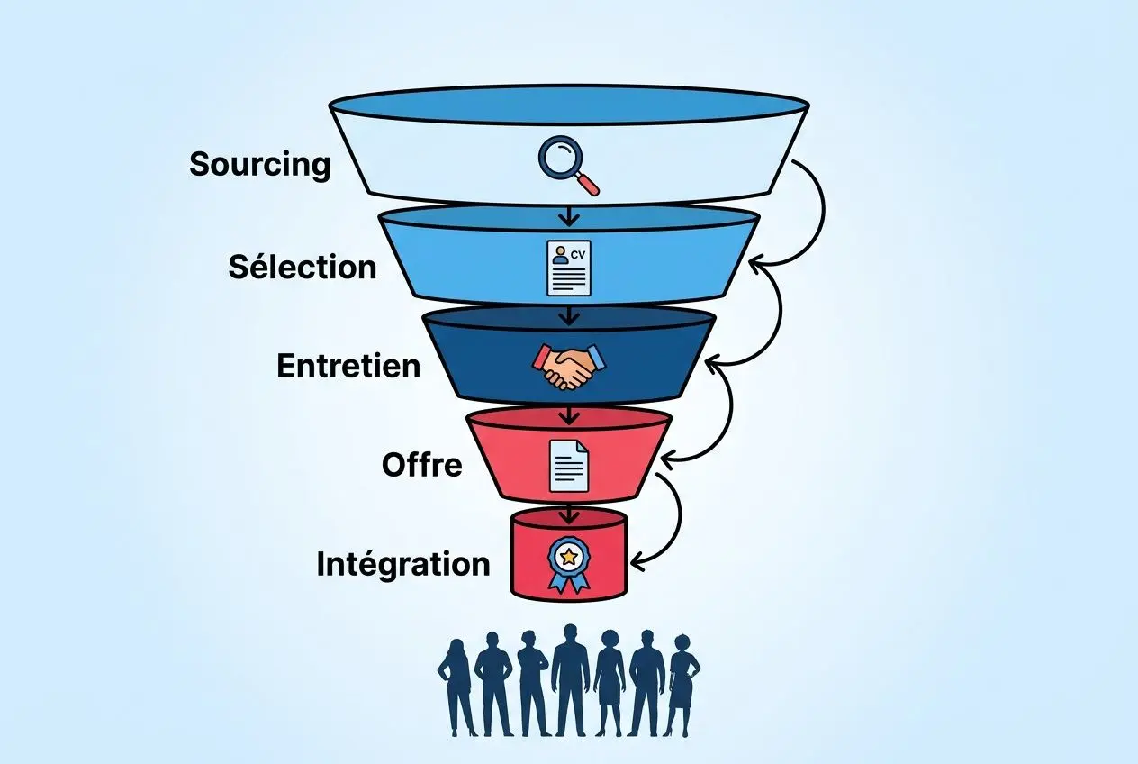 Processus de recrutement en entonnoir: Sourcing, Sélection, Entretien, Offre, Intégration pour optimiser ressources humaines.