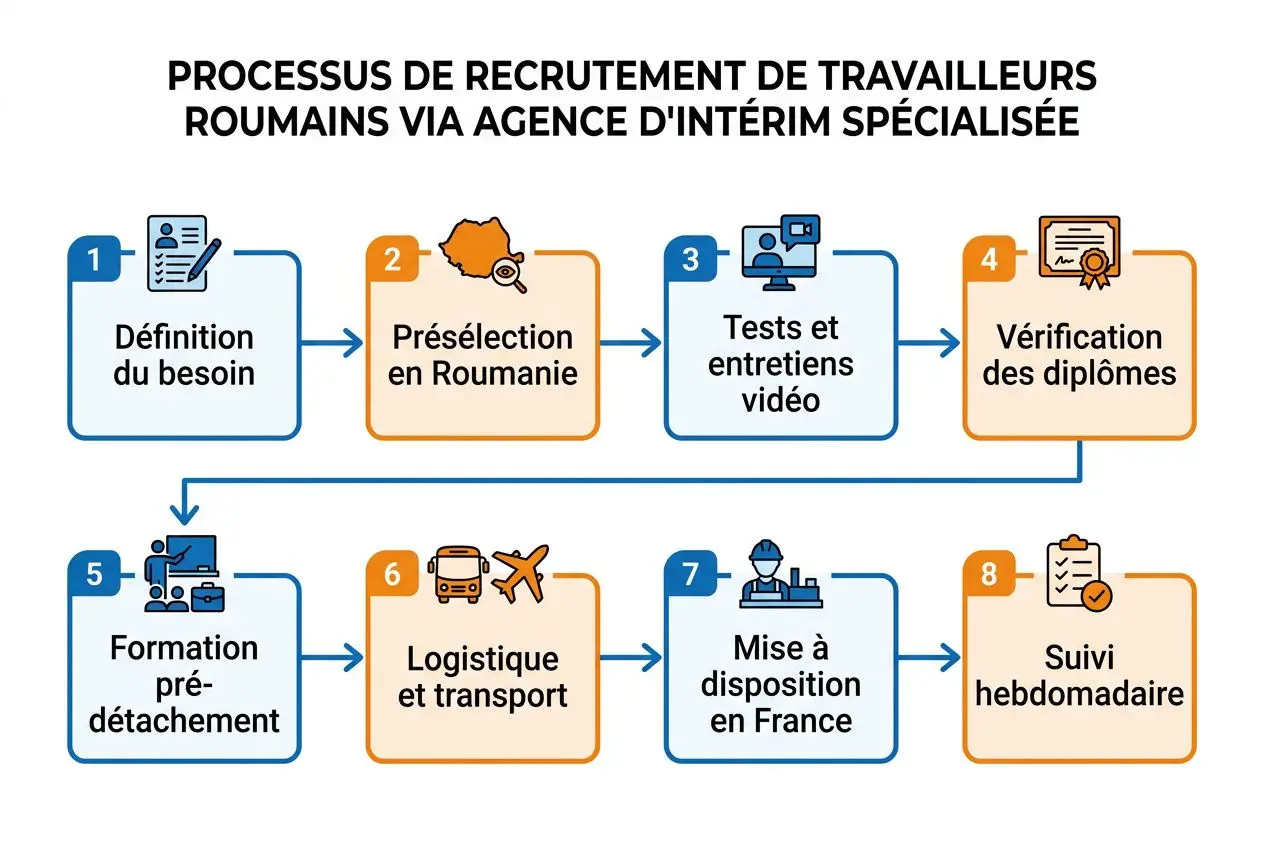 Processus de recrutement de travailleurs roumains via agence d'intérim spécialisée, étape par étape, relatif à l’embauche conforme.
