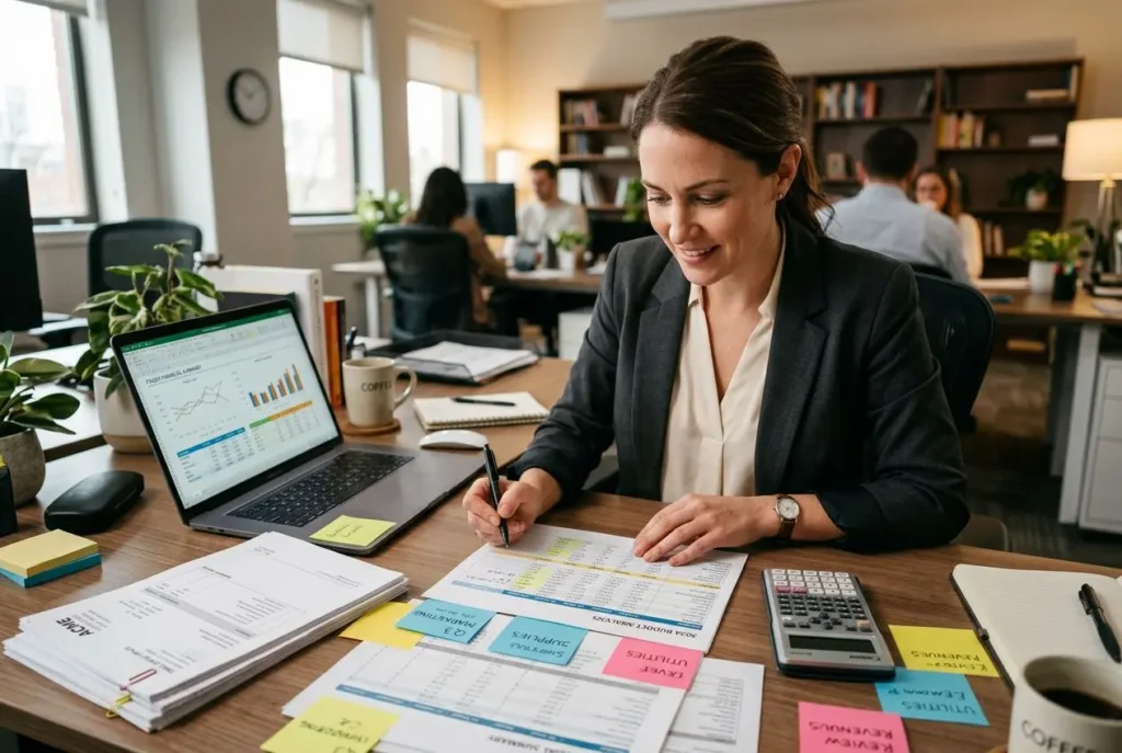 Une professionnelle souriante travaille à son bureau, en train d’analyser des tableaux et des graphiques avec un ordinateur portable et des notes colorées, illustrant comment réduire les coûts de mon entreprise.
