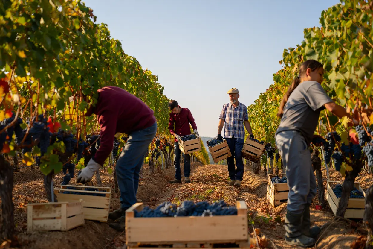 Travailleurs agricoles récoltant des raisins dans des rangs de vignes, portant des caisses en bois dans un champ en plein air. emploi saisonnier france roumanie intégré naturellement.