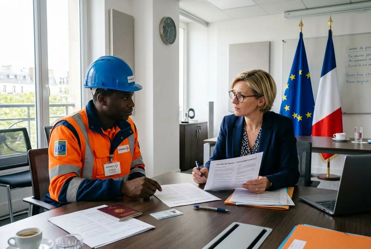 Agent en sécurité et cadre discutant d’un contrat de travail dans un bureau, avec drapeaux UE et France en arrière-plan. Détachement de travailleurs en france réglementation.