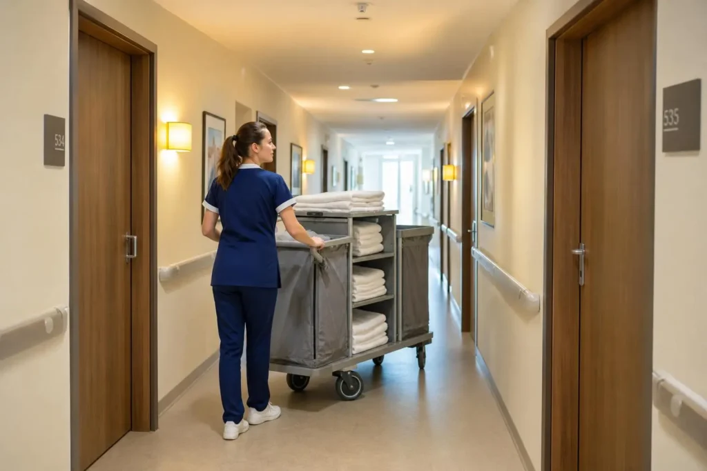 Assistante soignante en uniforme poussant un chariot de linge hospitalier dans un couloir d’établissement médical. agent hôtelier salaire.