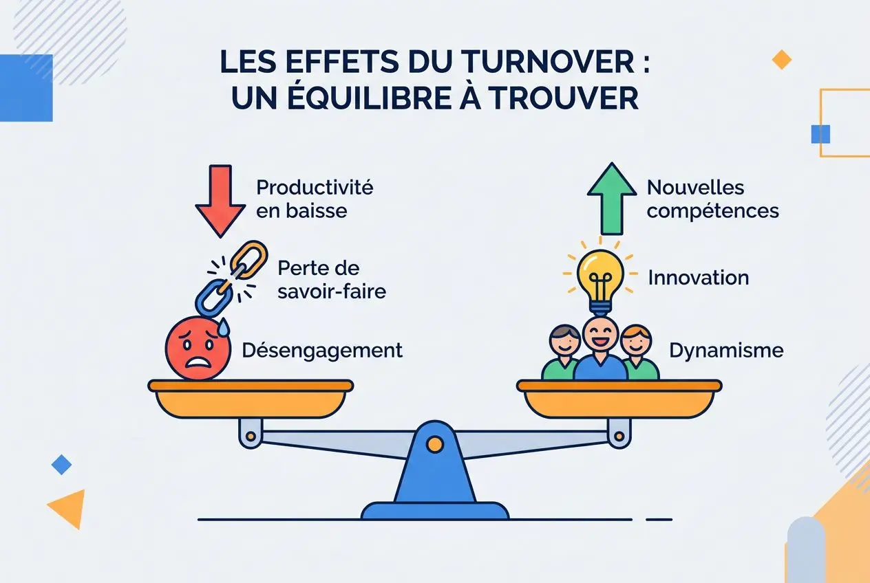 Balance illustrant les effets du turnover: en baisse de productivité et démotivation d'un côté, montée de nouvelles compétences et d'innovation de l'autre.