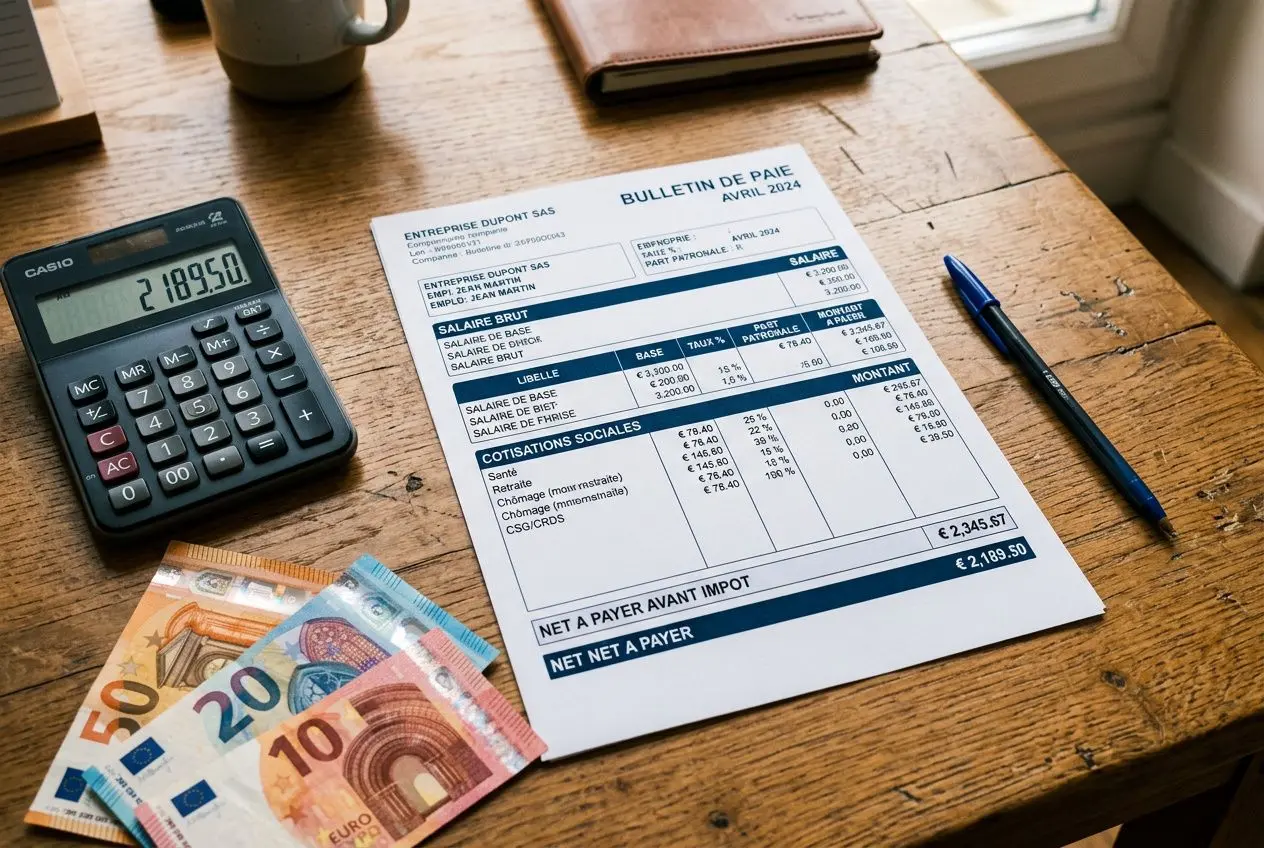 Calculatrice et bulletin de paie sur une table, billets européens, calcul de salaire lié au salaire minimum interim 35h.