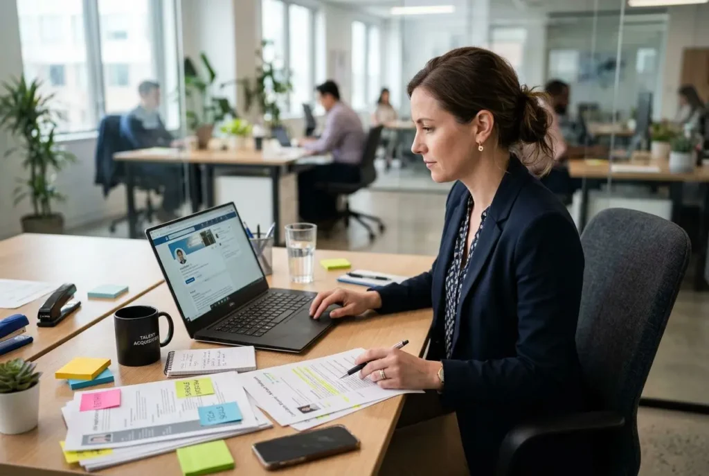 Caractère alt: Femme en costume sur son ordinateur au bureau, entourée de notes et de post-its, recherche du personnel qualifié.