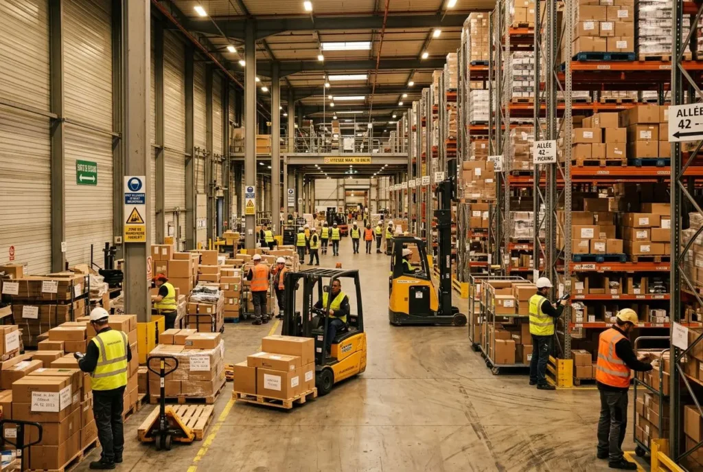 Chantier logistique avec agents en gilet jaune et casques, chariots élévateurs et rangées de rayonnages remplis de colis. Environnement industriel. personnel logistique roumanie détaché est intégré naturellement dans la description si possible.