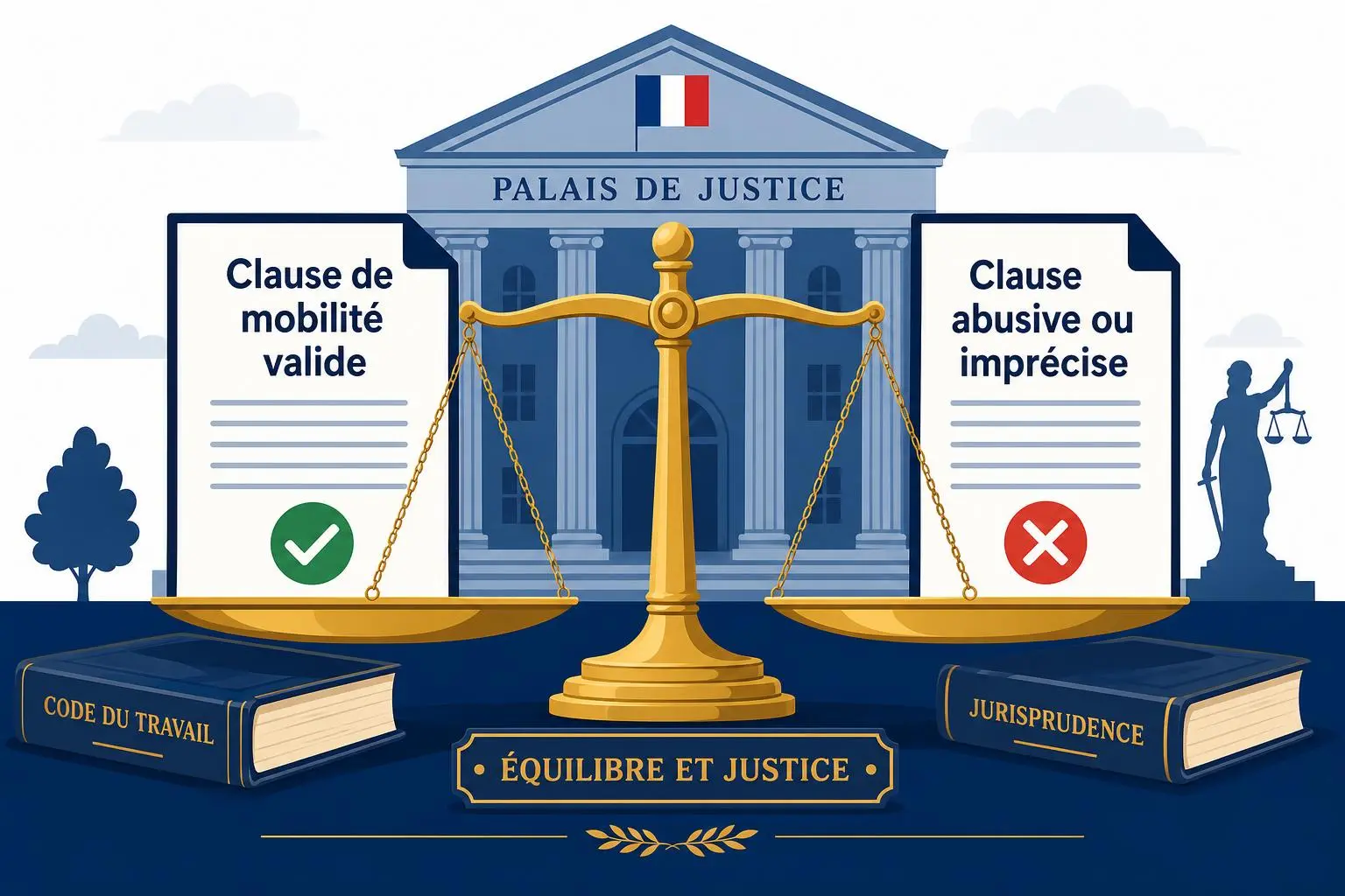 Clause de mobilité contrat de travail exemple illustrée: balances de justice flanquées de documents “Clause de mobilité valide” et “Clause abusive ou imprécise”, with books Code du travail et Jurisprudence.