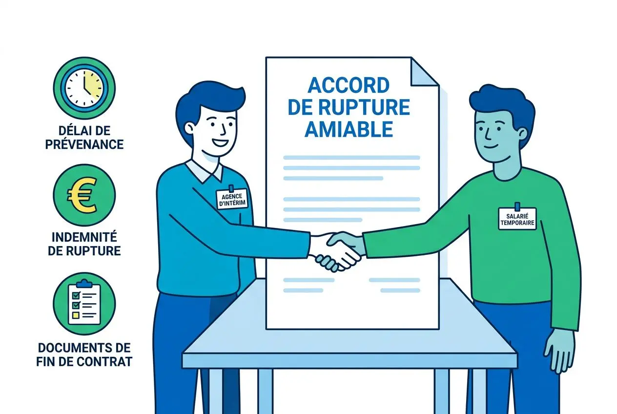 Contrat d’intérim rompu à l’amiable: deux personnes se serrant la main autour d’un accord écrit, symbolisant une rupture anticipée.