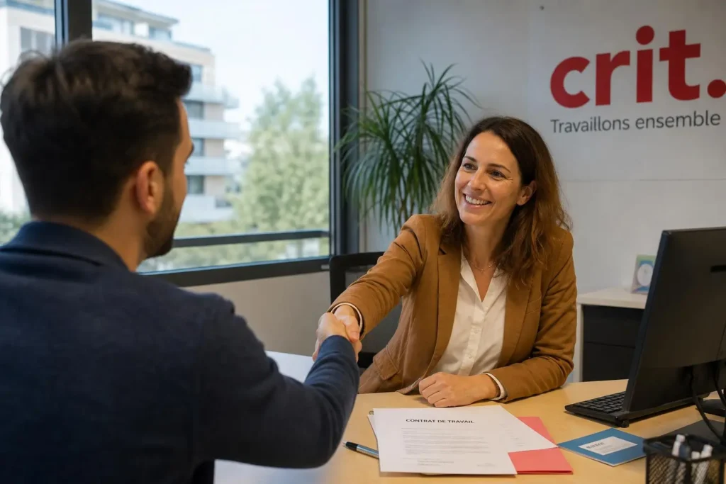 Deux professionnels se serrent la main lors d’un entretien dans un bureau, contrat de travail temporaire sur la table.