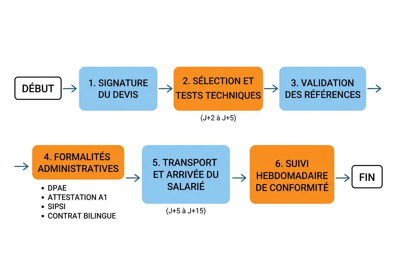Diagramme de processus décrivant les étapes du recrutement: signature du devis, tests techniques, validation des références, formalités administratives, transport et arrivée du salarié, suivi hebdomadaire de conformité, avec durées indicatives. Durée du processus de recrutement est illustrée par les flèches et les intitulés.