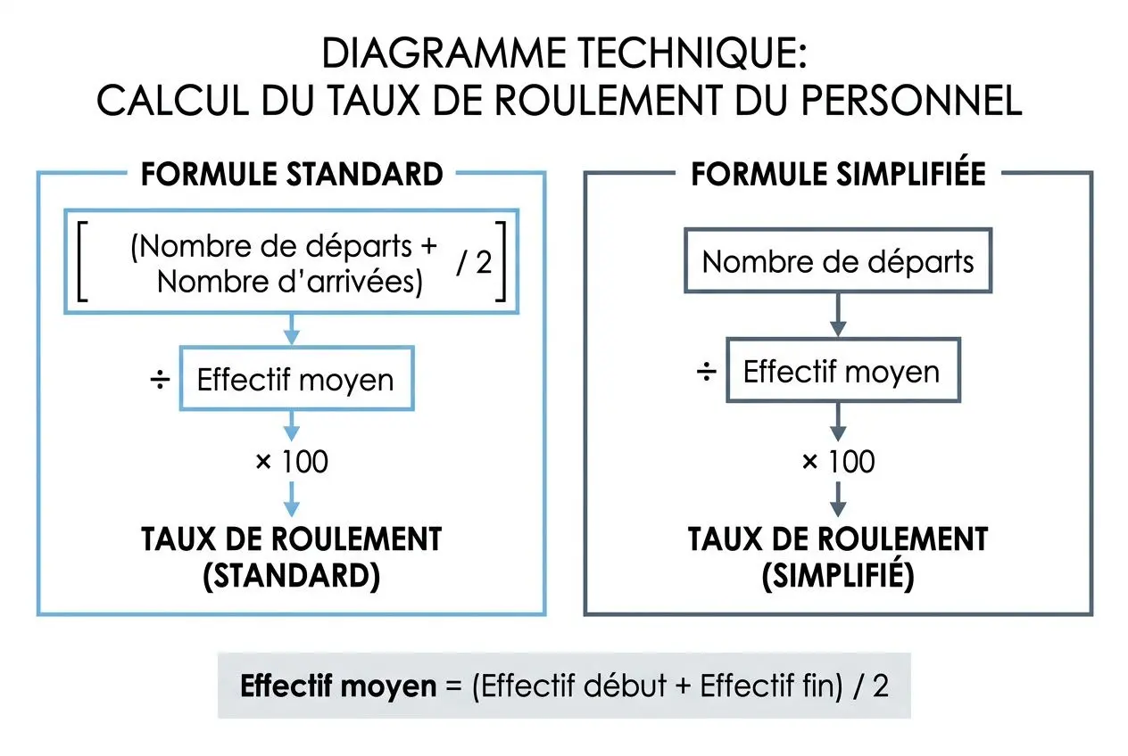 Diagramme technique illustrant le calcul du turnover définition: comparaison entre formule standard et simplifiée du taux de roulement du personnel.