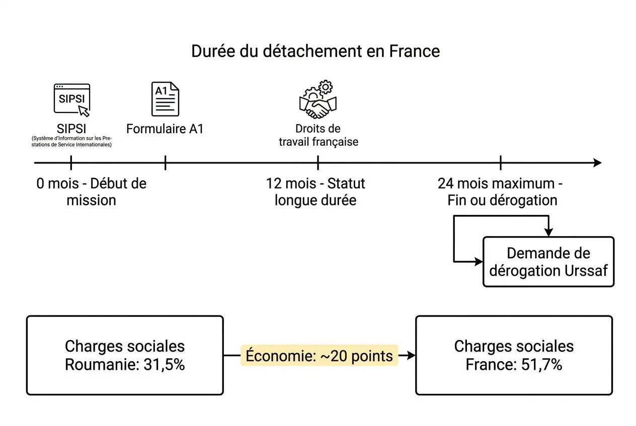 Durée du détachement en France: SIPSI, formulaire A1 et droits du travail; économie ~20 points entre charges sociales Roumanie et France; démarche de dérogation URSSAF possible.