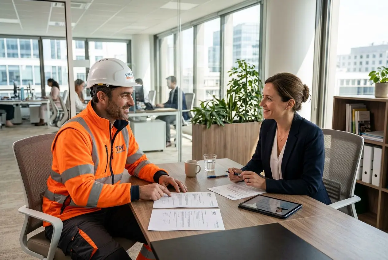Entrepreneur et intérimaire en réunion de travail, signature de documents dans un bureau moderne. INTÉRIM OU CDI AVANTAGES INCONVÉNIENTS.
