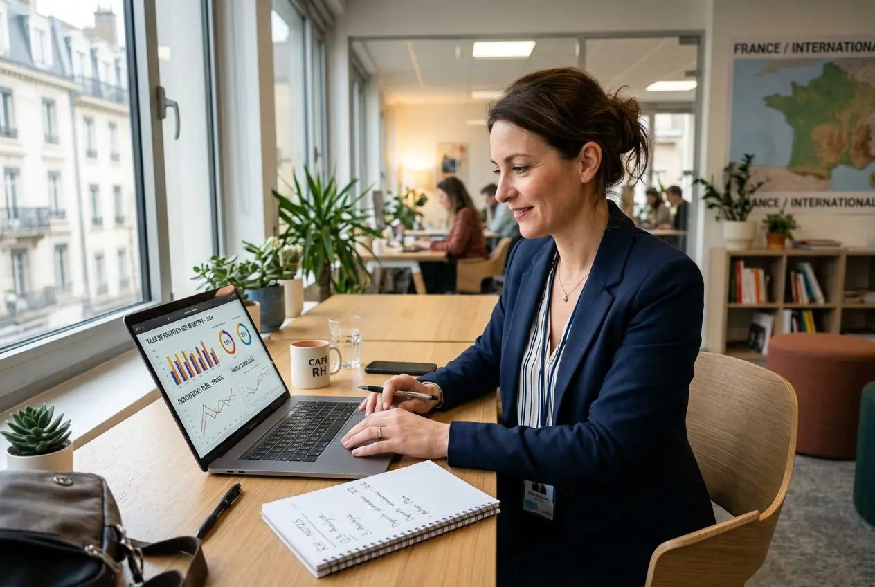 Femme d’affaires souriante travaillant sur un ordinateur portable dans un espace de coworking, graphique affiché à l’écran, bloc-notes et mug “CAP RH” sur le bureau. turnover définition intégrée naturellement.