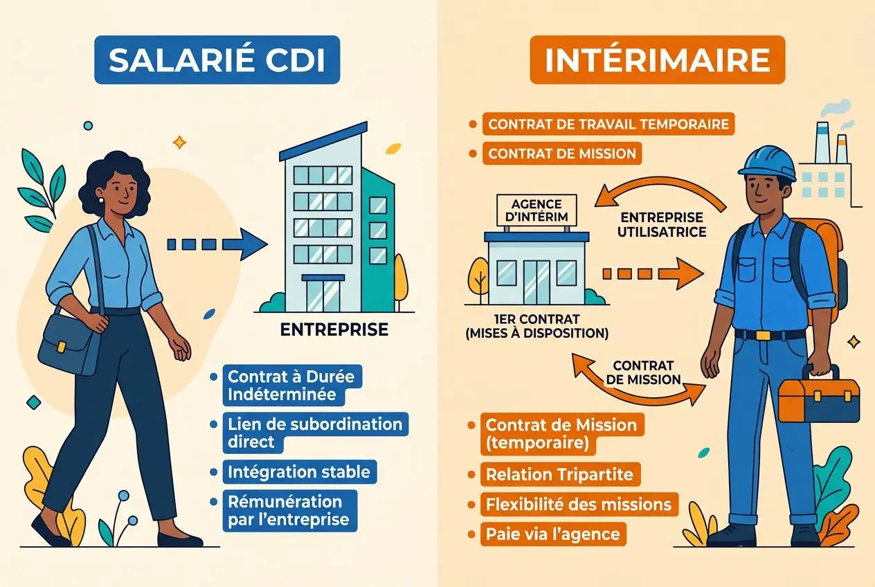 Infographie comparant salarié CDI et intérimaire : à gauche, une femme près d’un bâtiment avec les avantages du CDI; à droite, un homme travailleur et un bureau d’agence d’intérim avec les étapes et contrats temporels. intégration du thème comment fonctionne une agence d'intérim.