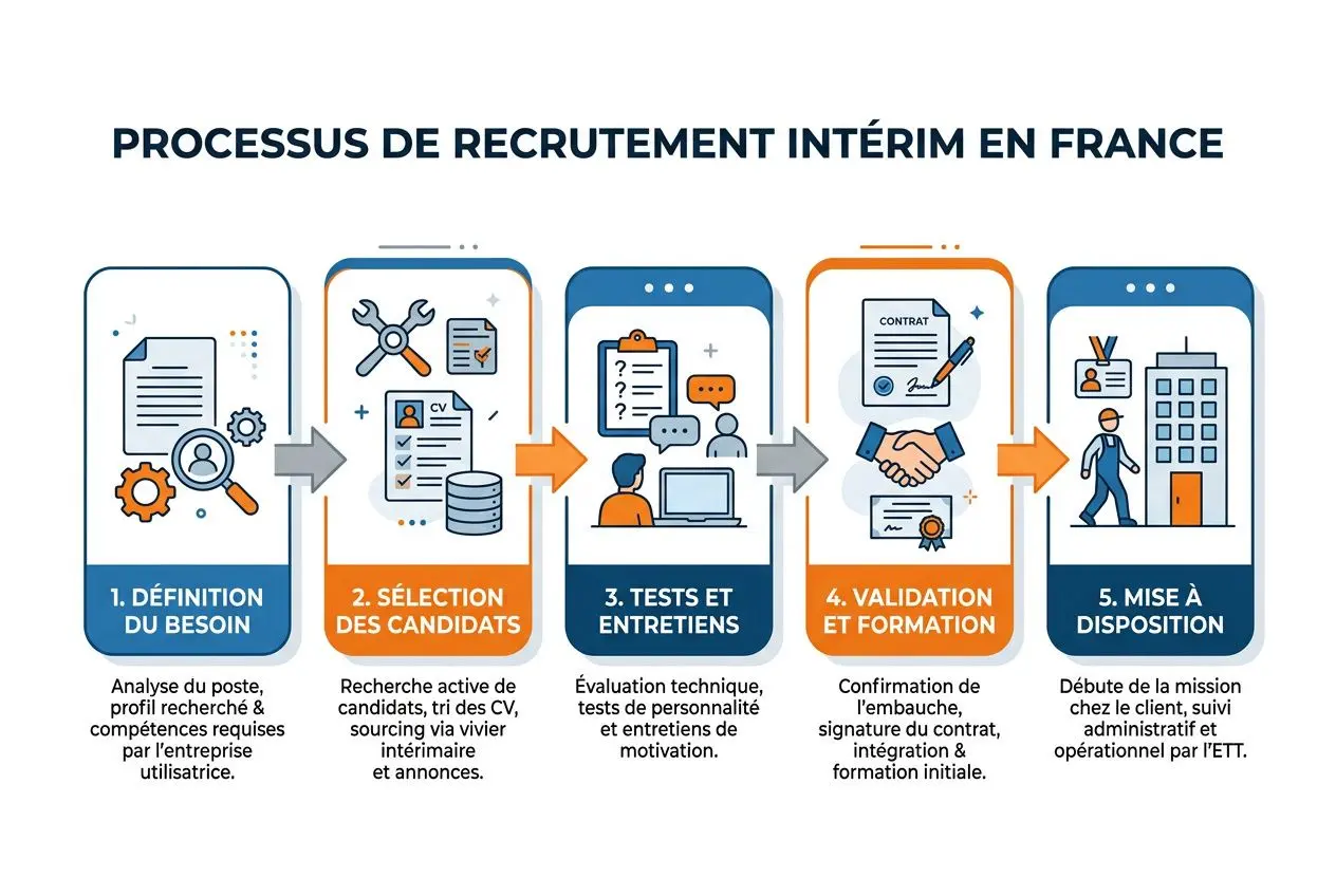 Processus de recrutement intérim en France: illustration des étapes : définition du besoin, sélection des candidats, tests et entretiens, validation et formation, mise à disposition. intégré: comment trouver du personnel qualifié.