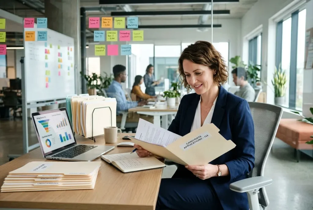 Une professionnelle lit des documents dans un bureau moderne, entourée de dossiers et d’un ordinateur portable affichant des graphiques, près d’un mur de Post-it colorés et de plantes. durée du processus de recrutement