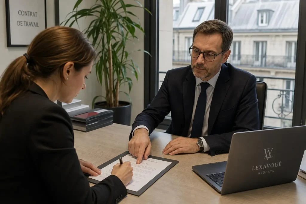 Signature d'une clause de mobilité dans un bureau, femme en train de signer un document, homme en costume près d’un ordinateur Lexavoue. Clause de mobilité contrat de travail exemple.