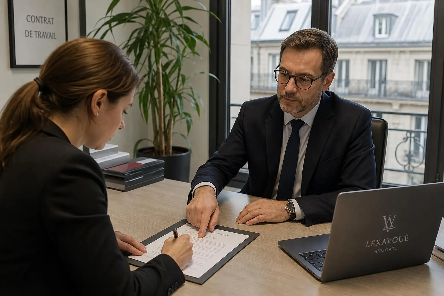 Signature d'une clause de mobilité dans un bureau, femme en train de signer un document, homme en costume près d’un ordinateur Lexavoue. Clause de mobilité contrat de travail exemple.