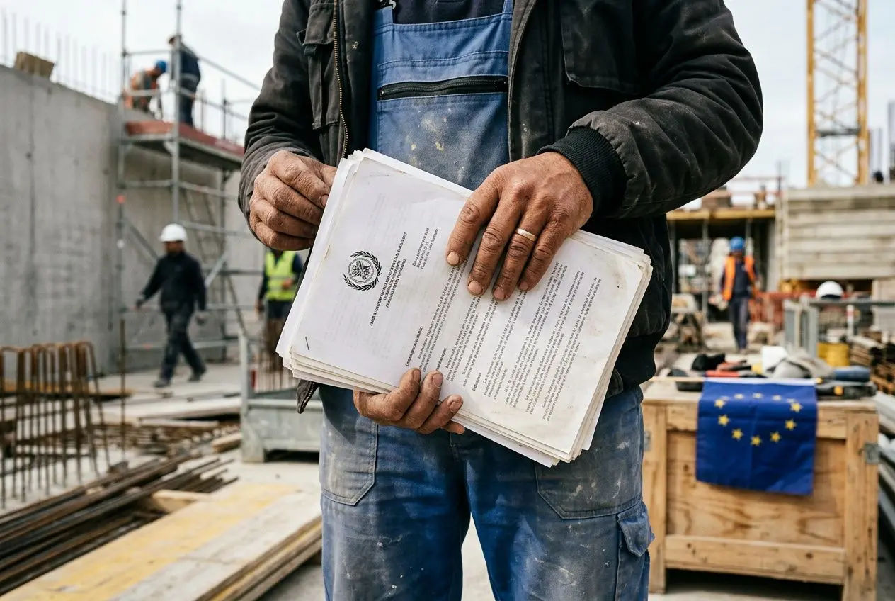 Agent de chantier tenant des documents officiels sur un chantier, avec drapeau UE en arrière-plan. charges sociales d'un travailleur détaché en France.