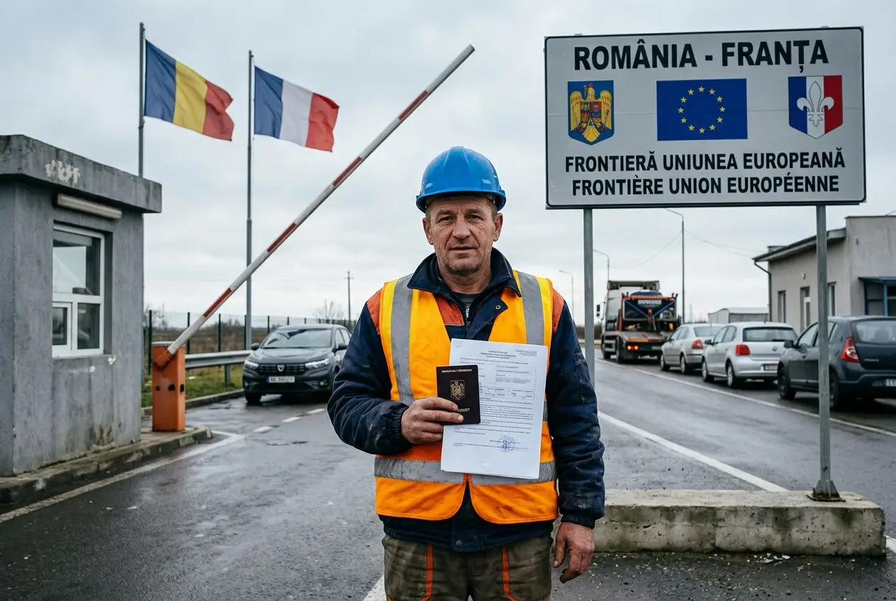 Agent de travailfrontière montrant un document près d’un poste de contrôle à la frontière Roumanie-França, illustrant le détachement de contrat de travail définition ou droits du salarié détaché.