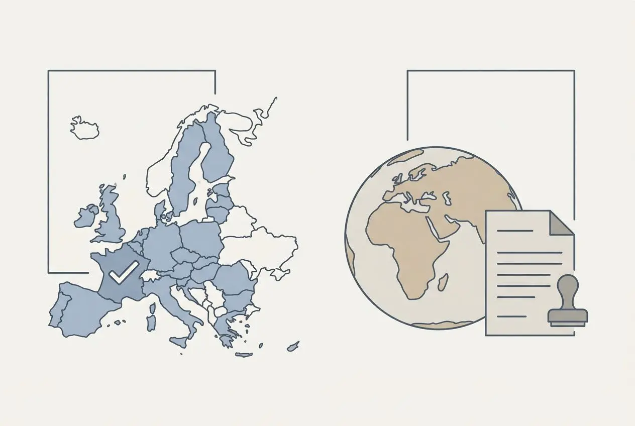 Carte de l’Europe avec une coche, et globe avec document officiel, illustrant les démarches liées à l’embauche. intégration du mot-clé: comment embaucher travailleur roumain.