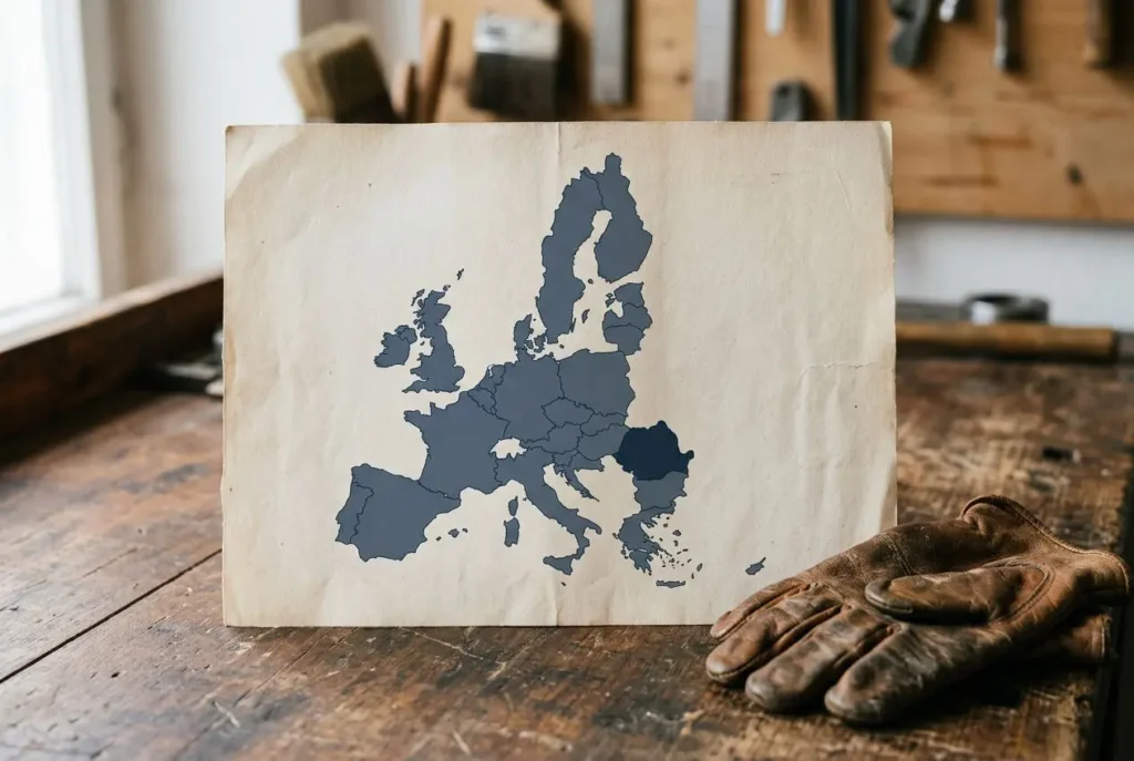 Carte de l’Europe posée sur une table en bois avec des gants de travail; sujet: les roumains peuvent travailler en france.