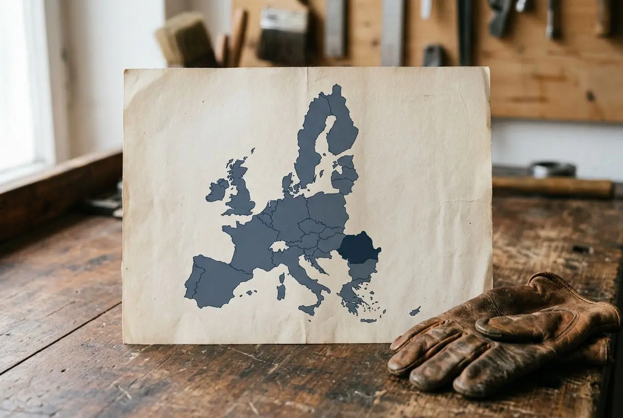 Carte de l’Europe posée sur une table en bois avec des gants de travail; sujet: les roumains peuvent travailler en france.