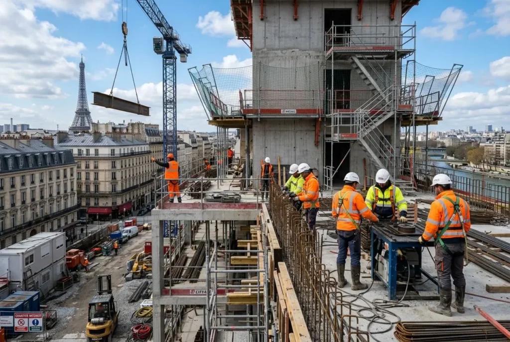 Chantier BTP en Île-de-France avec ouvriers en gilet orange et casques, grande structure en béton et grue, Paris au loin. agence intérim btp ile de france facilite les missions.