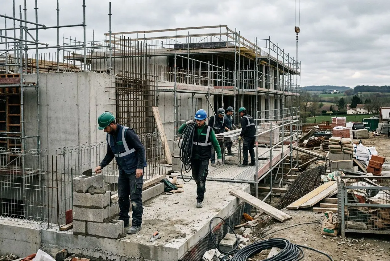 Chantiers BTP avec plusieurs ouvriers portant casques et harnais, pose de blocs et câbles, mur en béton et structure métallique en construction. intérim btp quels métiers demandés
