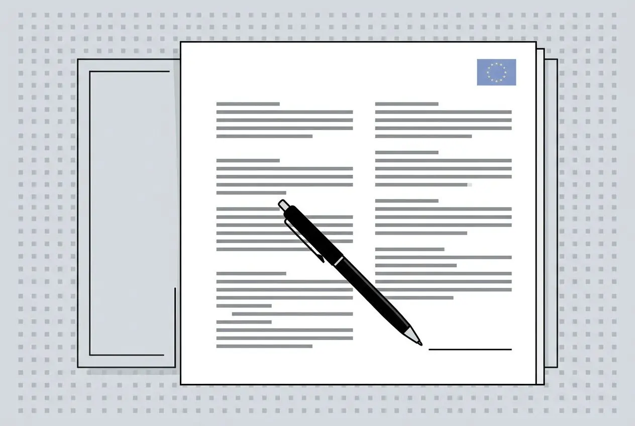 Document affiché avec stylo noir posé dessus, sur fond à motifs gris. Language associée européenne. Sujet lié au travail et à l’embauche.