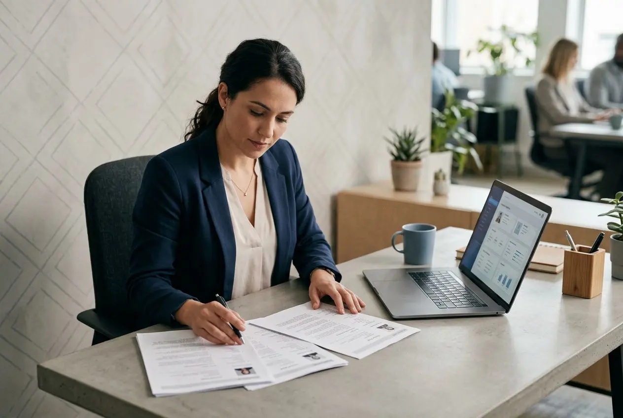 Femme en tenue professionnelle signe des documents au bureau, ordinateur portable à ses côtés, ambiance travail moderne. agence travail temporaire roumanie.