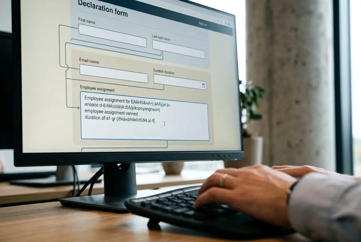 Formulaire de déclaration affiché sur écran d’ordinateur, saisie utilisateur au clavier près de lignes et champs.