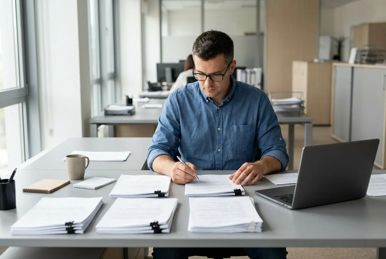 Homme en chemise bleue à l’écrit, devant un bureau avec documents et ordinateur, travaillant sur les formalités administratives détachement travail.