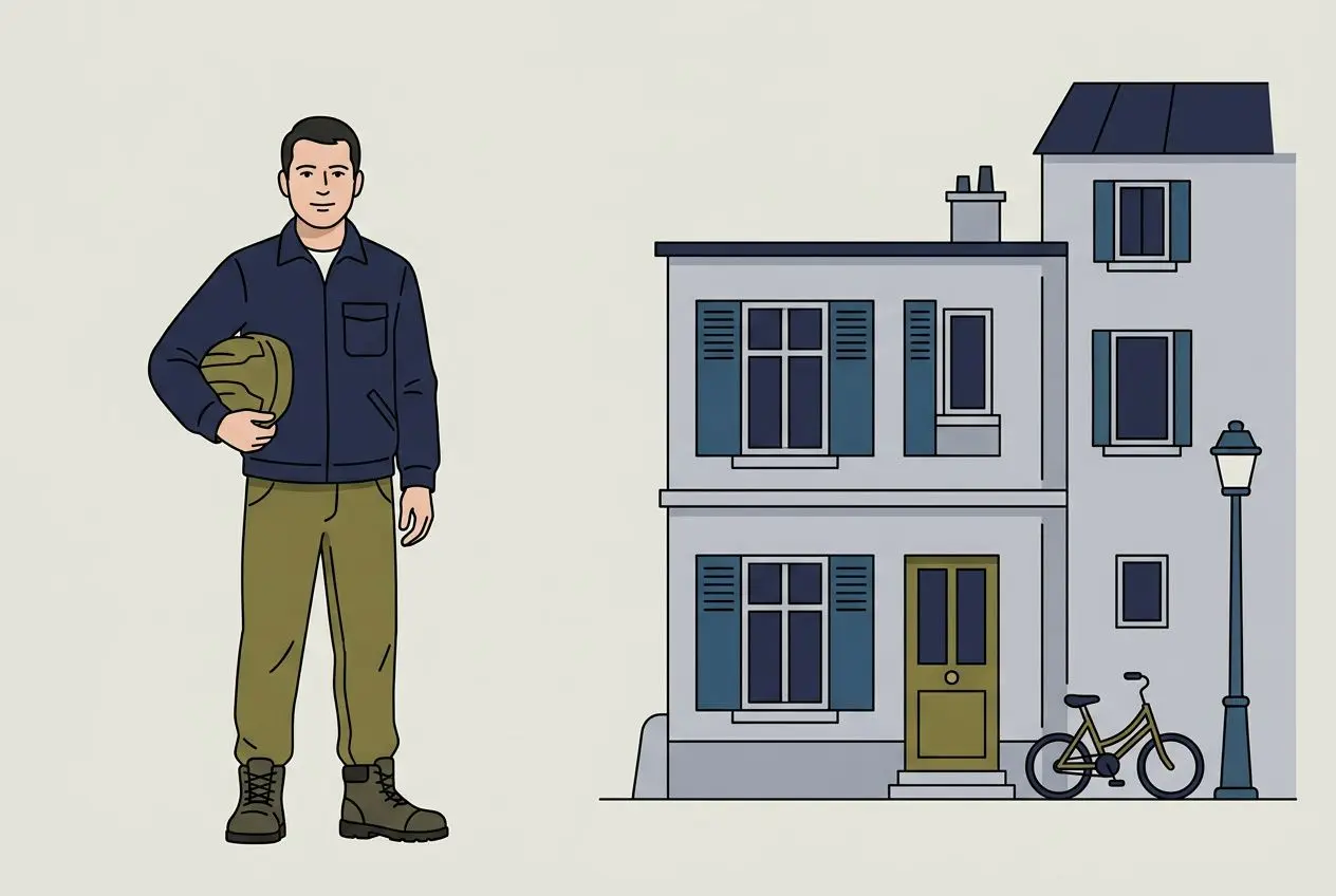Homme en tenue de travail et casque dans la main à côté d’une maison urbaine, devant une bicyclette et un réverbère. Les roumains peuvent travailler en france
