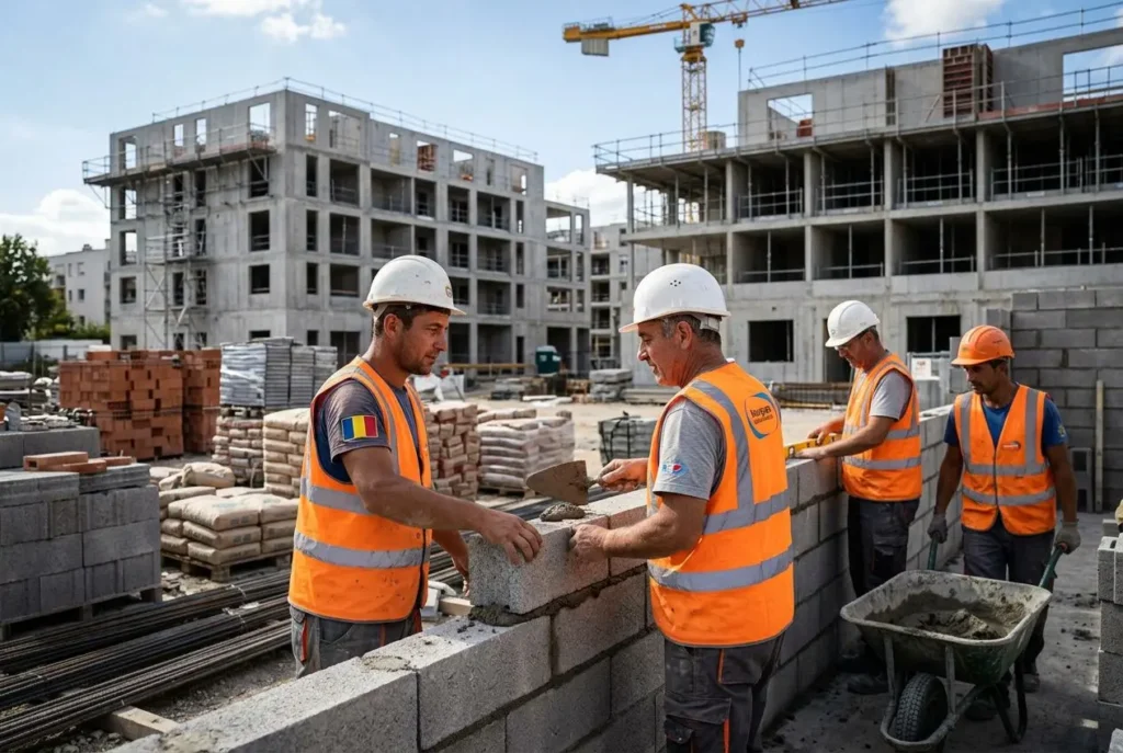 Hommes du BTP en sécurité sur un chantier, pose de blocs et échange d’un travail, avec des casques et gilets orange. agence intérim btp intégrée.