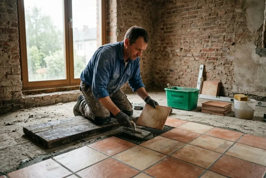 Maçon carreleur fiche métier : pose et alignment de carreaux en intérieur, travail sur sol en témoin, outils et matériel près de la fenêtre.