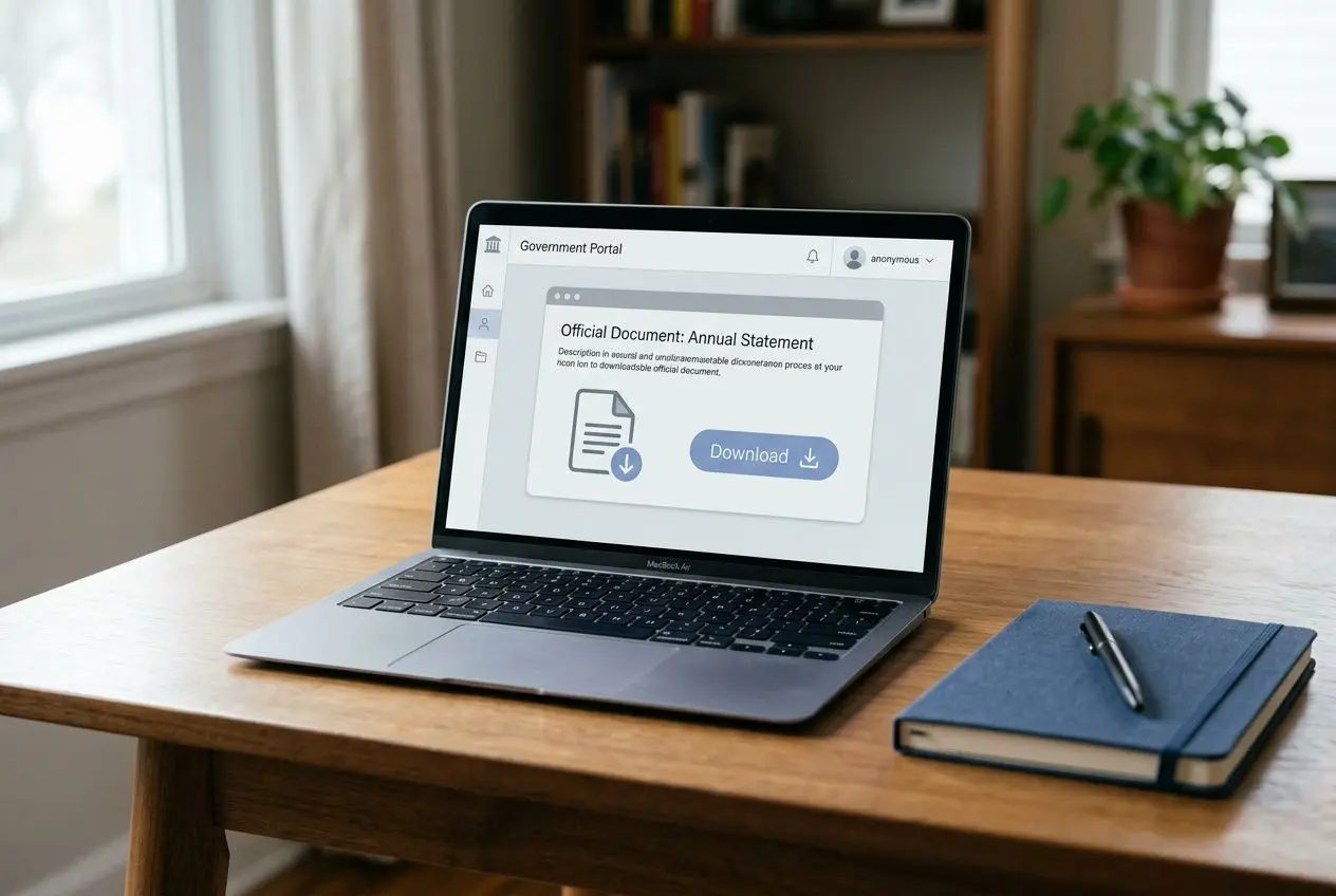 Ordinateur portable sur une table, affichant une page de téléchargement officielle; agenda et carnet à côté dans un intérieur lumineux. attestation de déclaration préalable de détachement.