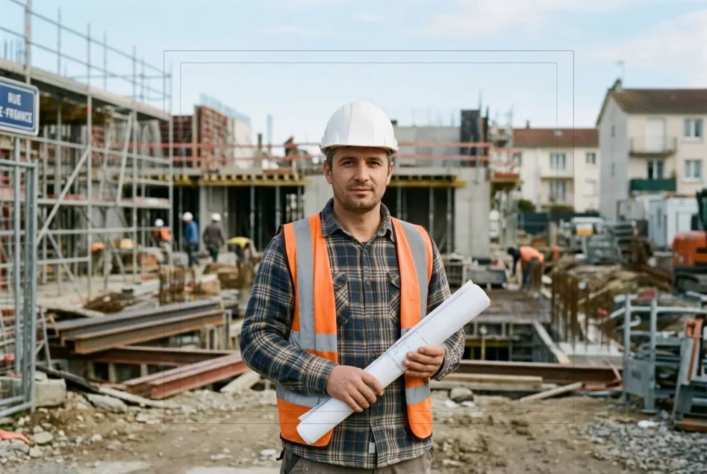 Ouvrier sur un chantier, casque blanc et gilet orange, tenant des plans; fond de bâtiment en construction. intègre le sujet: "comment embaucher travailleur roumain" naturellement.