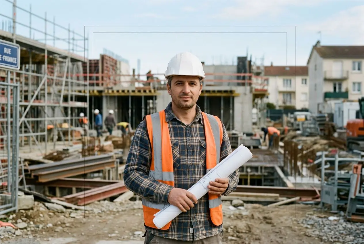 Ouvrier sur un chantier, casque blanc et gilet orange, tenant des plans; fond de bâtiment en construction. intègre le sujet: "comment embaucher travailleur roumain" naturellement.