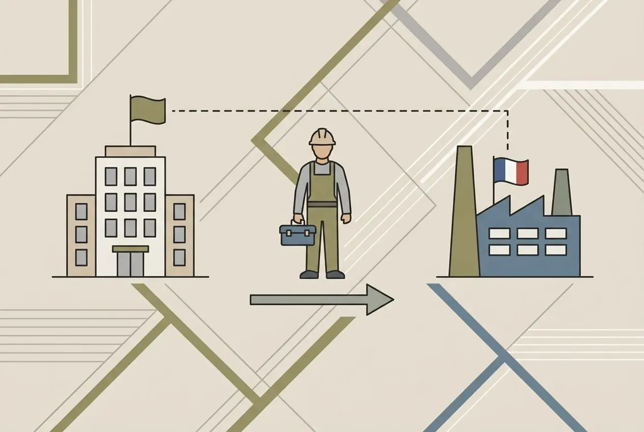 Salarié détaché temporairement: illustration d’un homme avec mallette entre une entreprise locale et une usine française, flèches symbolisant le déplacement sans rupture du lien de travail. texte lié au détachement de contrat de travail définition.