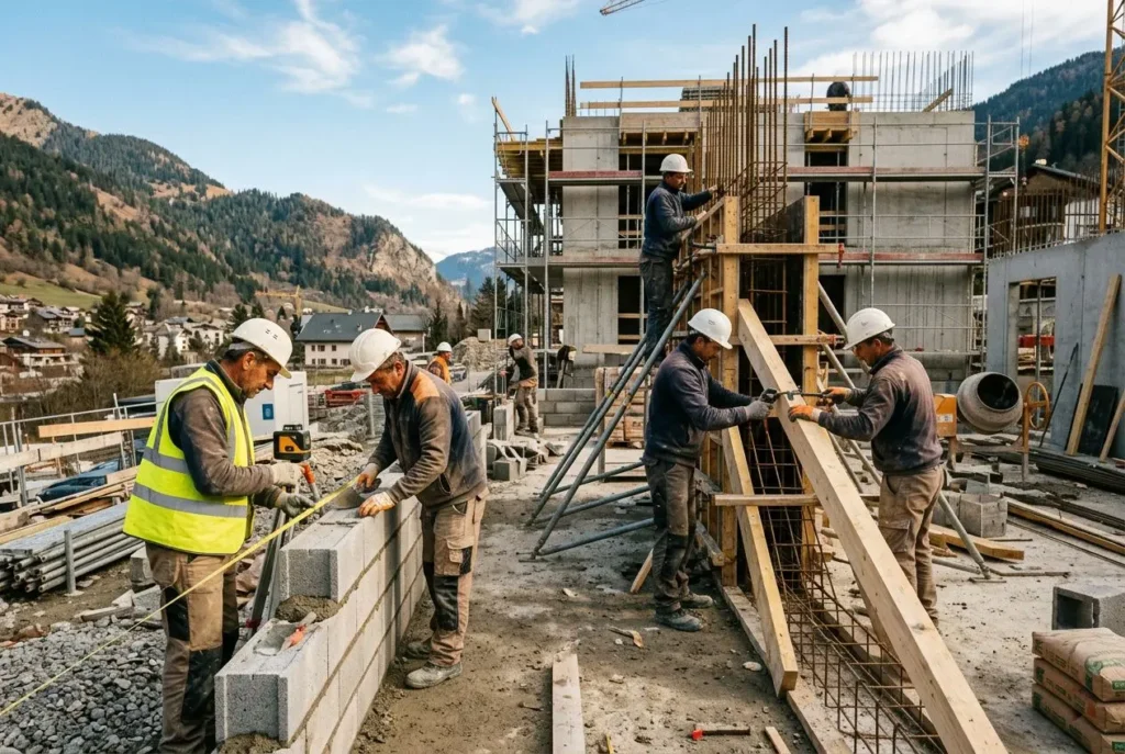 Travailleurs en chantier de construction, pose de blocs et coffrage en hauteur devant une structure en béton, montagne en arrière-plan. agence intérim construction roumains est intégré naturellement.