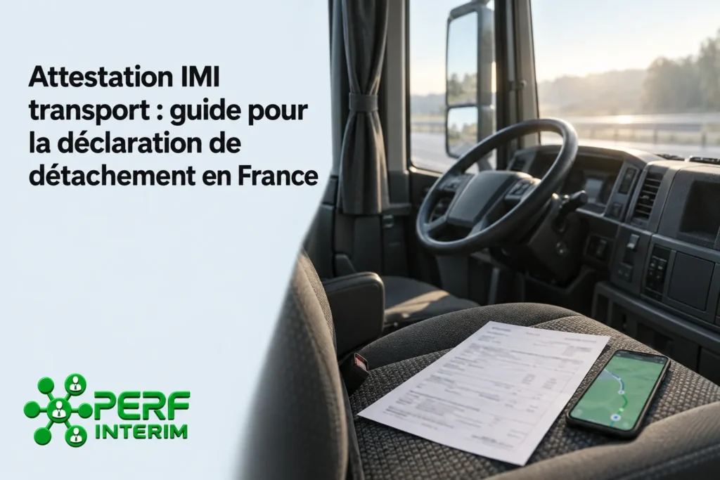 Attestation IMI transport : guide visuel dans l’habitacle d’un camion avec formulaire et smartphone sur le siège, approche de la déclaration de détachement en France.