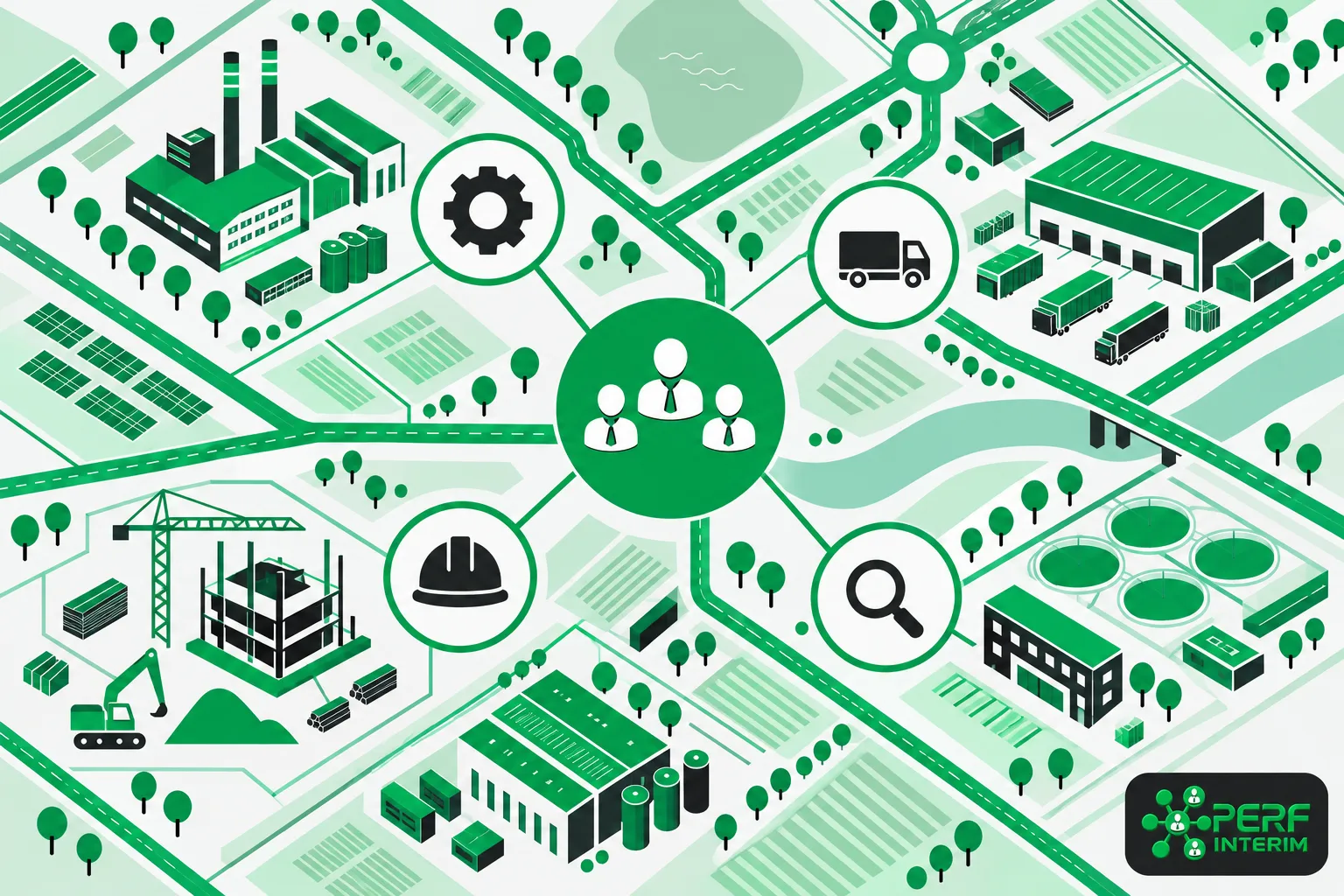 Centre d’un réseau d’entreprises et d’activités industrielles reliées par des routes, symbolisant la coordination et le