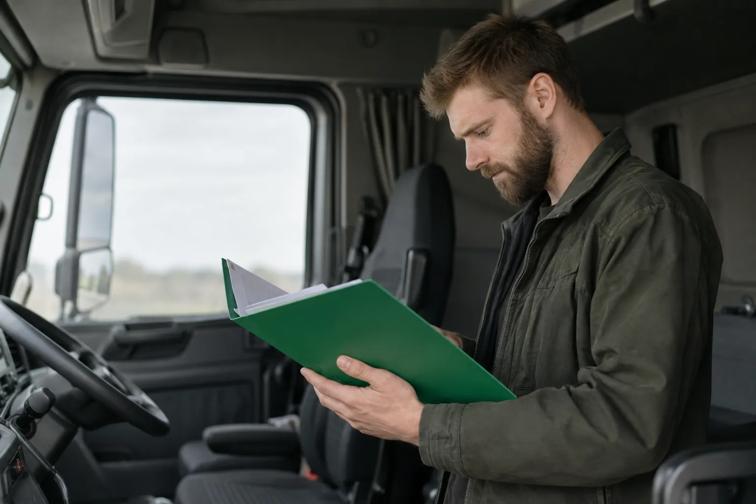 Conducteur de camion dans l’habitacle, feuilletant un dossier vert pour l’attestation imi transport et la déclaration de détachement.
