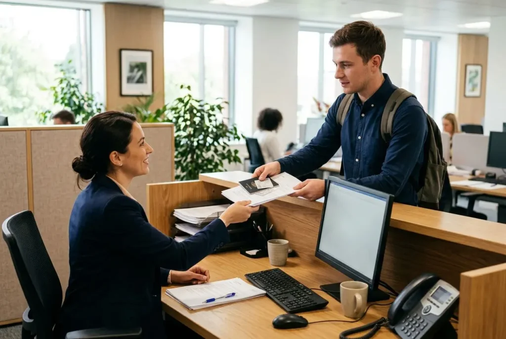 Une conseillère reçoit des documents d’un candidat au bureau d’agence d’intérim, échange et signe des papiers. comment trouver un travail en intérim rapidement.