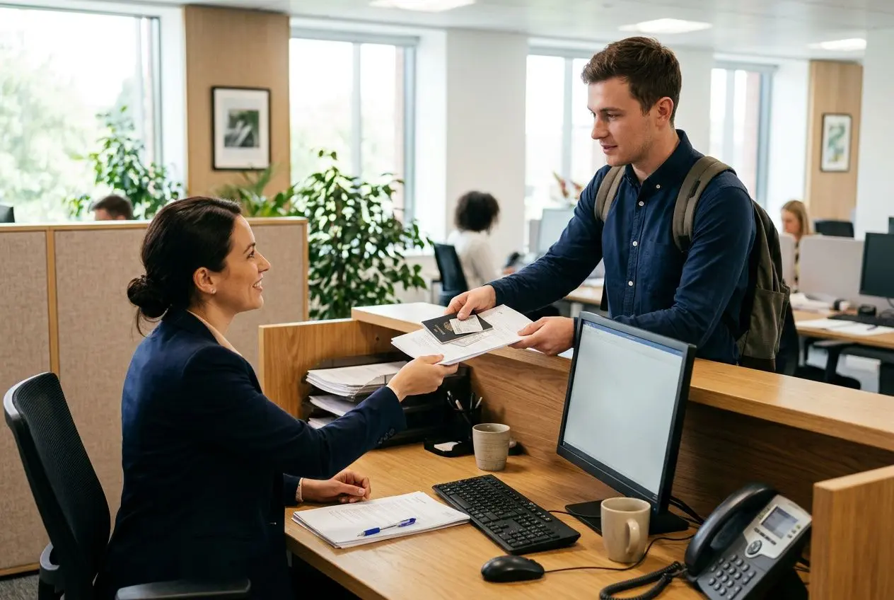 Une conseillère reçoit des documents d’un candidat au bureau d’agence d’intérim, échange et signe des papiers. comment trouver un travail en intérim rapidement.