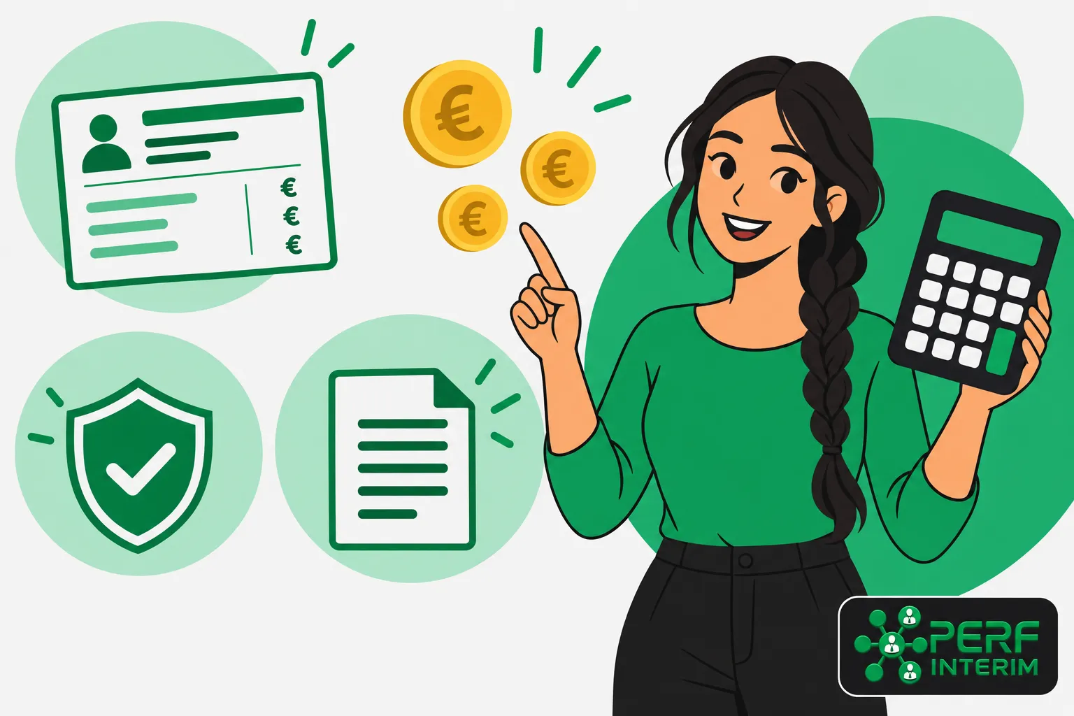 Une dessin animé d’une femme tenant une calculatrice et montrant des pièces d’argent, entourée de documents et d’un badge,
